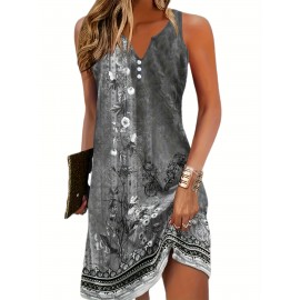 Flirty Floral Print Sleeveless Midi Dress - Effortlessly Chic Casual Style - Feminine Notched Neckline - Perfect for Summer Wardrobe - Womens Clothing
