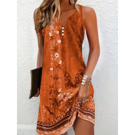 Flirty Floral Print Sleeveless Midi Dress - Effortlessly Chic Casual Style - Feminine Notched Neckline - Perfect for Summer Wardrobe - Womens Clothing