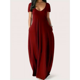 Elegant & Versatile Maxi Dress - Short Sleeve, Pockets, Mid-Elasticity for Women, Ideal for Spring to Fall