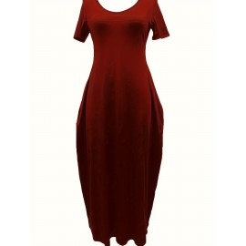 Elegant & Versatile Maxi Dress - Short Sleeve, Pockets, Mid-Elasticity for Women, Ideal for Spring to Fall