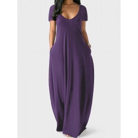 Elegant & Versatile Maxi Dress - Short Sleeve, Pockets, Mid-Elasticity for Women, Ideal for Spring to Fall