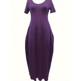Elegant & Versatile Maxi Dress - Short Sleeve, Pockets, Mid-Elasticity for Women, Ideal for Spring to Fall
