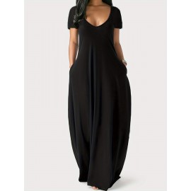 Elegant & Versatile Maxi Dress - Short Sleeve, Pockets, Mid-Elasticity for Women, Ideal for Spring to Fall