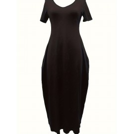 Elegant & Versatile Maxi Dress - Short Sleeve, Pockets, Mid-Elasticity for Women, Ideal for Spring to Fall