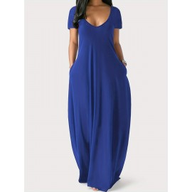 Elegant & Versatile Maxi Dress - Short Sleeve, Pockets, Mid-Elasticity for Women, Ideal for Spring to Fall