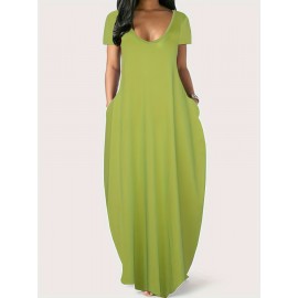 Elegant & Versatile Maxi Dress - Short Sleeve, Pockets, Mid-Elasticity for Women, Ideal for Spring to Fall