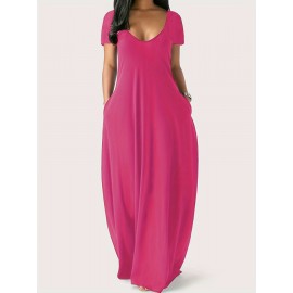 Elegant & Versatile Maxi Dress - Short Sleeve, Pockets, Mid-Elasticity for Women, Ideal for Spring to Fall