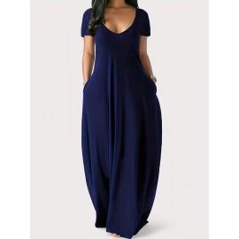 Elegant & Versatile Maxi Dress - Short Sleeve, Pockets, Mid-Elasticity for Women, Ideal for Spring to Fall