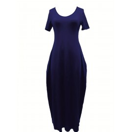 Elegant & Versatile Maxi Dress - Short Sleeve, Pockets, Mid-Elasticity for Women, Ideal for Spring to Fall