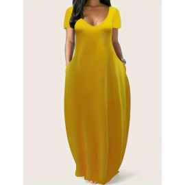 Elegant & Versatile Maxi Dress - Short Sleeve, Pockets, Mid-Elasticity for Women, Ideal for Spring to Fall