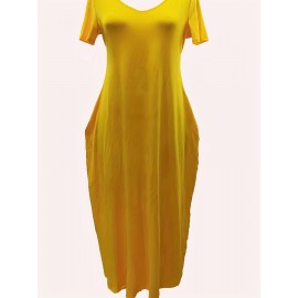 Elegant & Versatile Maxi Dress - Short Sleeve, Pockets, Mid-Elasticity for Women, Ideal for Spring to Fall