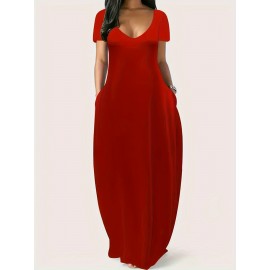 Elegant & Versatile Maxi Dress - Short Sleeve, Pockets, Mid-Elasticity for Women, Ideal for Spring to Fall