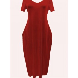 Elegant & Versatile Maxi Dress - Short Sleeve, Pockets, Mid-Elasticity for Women, Ideal for Spring to Fall