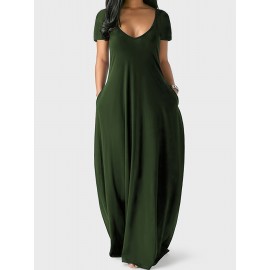 Elegant & Versatile Maxi Dress - Short Sleeve, Pockets, Mid-Elasticity for Women, Ideal for Spring to Fall