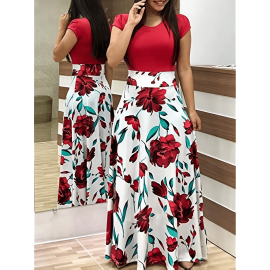 Floral Printed Crew Neck Pendulum Maxi Dress - Elegant Short Sleeve Slim Waist Pleated Design, Micro Elastic Polyester Knit Fabric, Random Printing for Womens All-Season Elegant Dressing