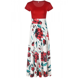 Floral Printed Crew Neck Pendulum Maxi Dress - Elegant Short Sleeve Slim Waist Pleated Design, Micro Elastic Polyester Knit Fabric, Random Printing for Womens All-Season Elegant Dressing