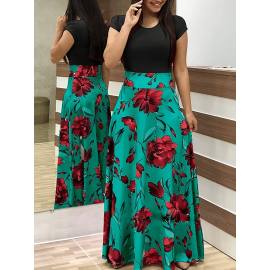 Floral Printed Crew Neck Pendulum Maxi Dress - Elegant Short Sleeve Slim Waist Pleated Design, Micro Elastic Polyester Knit Fabric, Random Printing for Womens All-Season Elegant Dressing