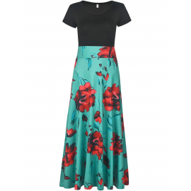 Floral Printed Crew Neck Pendulum Maxi Dress - Elegant Short Sleeve Slim Waist Pleated Design, Micro Elastic Polyester Knit Fabric, Random Printing for Womens All-Season Elegant Dressing