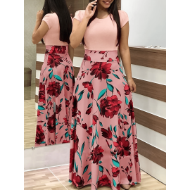 Floral Printed Crew Neck Pendulum Maxi Dress - Elegant Short Sleeve Slim Waist Pleated Design, Micro Elastic Polyester Knit Fabric, Random Printing for Womens All-Season Elegant Dressing