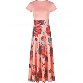 Floral Printed Crew Neck Pendulum Maxi Dress - Elegant Short Sleeve Slim Waist Pleated Design, Micro Elastic Polyester Knit Fabric, Random Printing for Womens All-Season Elegant Dressing