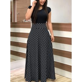 Floral Printed Crew Neck Pendulum Maxi Dress - Elegant Short Sleeve Slim Waist Pleated Design, Micro Elastic Polyester Knit Fabric, Random Printing for Womens All-Season Elegant Dressing