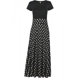 Floral Printed Crew Neck Pendulum Maxi Dress - Elegant Short Sleeve Slim Waist Pleated Design, Micro Elastic Polyester Knit Fabric, Random Printing for Womens All-Season Elegant Dressing