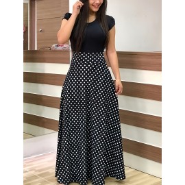 Floral Printed Crew Neck Pendulum Maxi Dress - Elegant Short Sleeve Slim Waist Pleated Design, Micro Elastic Polyester Knit Fabric, Random Printing for Womens All-Season Elegant Dressing