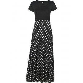 Floral Printed Crew Neck Pendulum Maxi Dress - Elegant Short Sleeve Slim Waist Pleated Design, Micro Elastic Polyester Knit Fabric, Random Printing for Womens All-Season Elegant Dressing