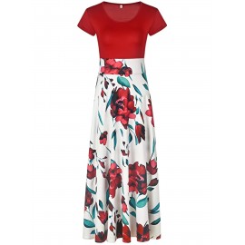Floral Printed Crew Neck Pendulum Maxi Dress - Elegant Short Sleeve Slim Waist Pleated Design, Micro Elastic Polyester Knit Fabric, Random Printing for Womens All-Season Elegant Dressing