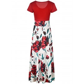 Floral Printed Crew Neck Pendulum Maxi Dress - Elegant Short Sleeve Slim Waist Pleated Design, Micro Elastic Polyester Knit Fabric, Random Printing for Womens All-Season Elegant Dressing