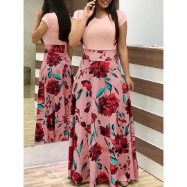 Floral Printed Crew Neck Pendulum Maxi Dress - Elegant Short Sleeve Slim Waist Pleated Design, Micro Elastic Polyester Knit Fabric, Random Printing for Womens All-Season Elegant Dressing