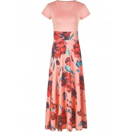 Floral Printed Crew Neck Pendulum Maxi Dress - Elegant Short Sleeve Slim Waist Pleated Design, Micro Elastic Polyester Knit Fabric, Random Printing for Womens All-Season Elegant Dressing