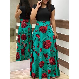 Floral Printed Crew Neck Pendulum Maxi Dress - Elegant Short Sleeve Slim Waist Pleated Design, Micro Elastic Polyester Knit Fabric, Random Printing for Womens All-Season Elegant Dressing