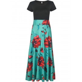Floral Printed Crew Neck Pendulum Maxi Dress - Elegant Short Sleeve Slim Waist Pleated Design, Micro Elastic Polyester Knit Fabric, Random Printing for Womens All-Season Elegant Dressing
