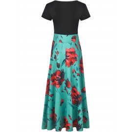 Floral Printed Crew Neck Pendulum Maxi Dress - Elegant Short Sleeve Slim Waist Pleated Design, Micro Elastic Polyester Knit Fabric, Random Printing for Womens All-Season Elegant Dressing