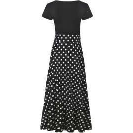 Floral Printed Crew Neck Pendulum Maxi Dress - Elegant Short Sleeve Slim Waist Pleated Design, Micro Elastic Polyester Knit Fabric, Random Printing for Womens All-Season Elegant Dressing