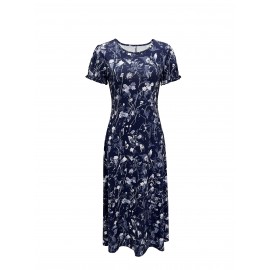 Blossoming Floral Print Dress - Comfortable Crew Neck, Stylish Short Sleeves - Perfect for Spring & Summer - Fashionable Womens Clothing
