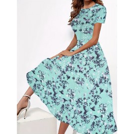 Blossoming Floral Print Dress - Comfortable Crew Neck, Stylish Short Sleeves - Perfect for Spring & Summer - Fashionable Womens Clothing