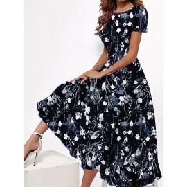 Blossoming Floral Print Dress - Comfortable Crew Neck, Stylish Short Sleeves - Perfect for Spring & Summer - Fashionable Womens Clothing