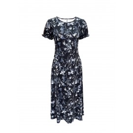 Blossoming Floral Print Dress - Comfortable Crew Neck, Stylish Short Sleeves - Perfect for Spring & Summer - Fashionable Womens Clothing
