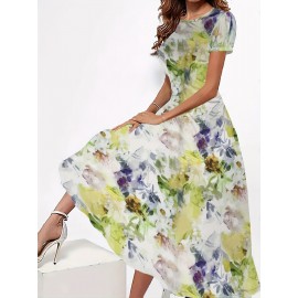 Blossoming Floral Print Dress - Comfortable Crew Neck, Stylish Short Sleeves - Perfect for Spring & Summer - Fashionable Womens Clothing