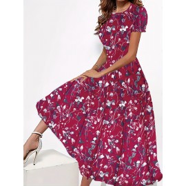 Blossoming Floral Print Dress - Comfortable Crew Neck, Stylish Short Sleeves - Perfect for Spring & Summer - Fashionable Womens Clothing