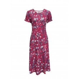 Blossoming Floral Print Dress - Comfortable Crew Neck, Stylish Short Sleeves - Perfect for Spring & Summer - Fashionable Womens Clothing