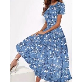 Blossoming Floral Print Dress - Comfortable Crew Neck, Stylish Short Sleeves - Perfect for Spring & Summer - Fashionable Womens Clothing