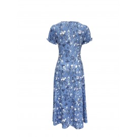 Blossoming Floral Print Dress - Comfortable Crew Neck, Stylish Short Sleeves - Perfect for Spring & Summer - Fashionable Womens Clothing