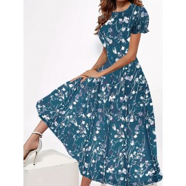 Blossoming Floral Print Dress - Comfortable Crew Neck, Stylish Short Sleeves - Perfect for Spring & Summer - Fashionable Womens Clothing