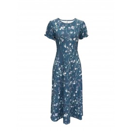 Blossoming Floral Print Dress - Comfortable Crew Neck, Stylish Short Sleeves - Perfect for Spring & Summer - Fashionable Womens Clothing