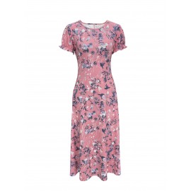 Blossoming Floral Print Dress - Comfortable Crew Neck, Stylish Short Sleeves - Perfect for Spring & Summer - Fashionable Womens Clothing