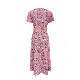 Blossoming Floral Print Dress - Comfortable Crew Neck, Stylish Short Sleeves - Perfect for Spring & Summer - Fashionable Womens Clothing