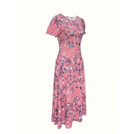 Blossoming Floral Print Dress - Comfortable Crew Neck, Stylish Short Sleeves - Perfect for Spring & Summer - Fashionable Womens Clothing